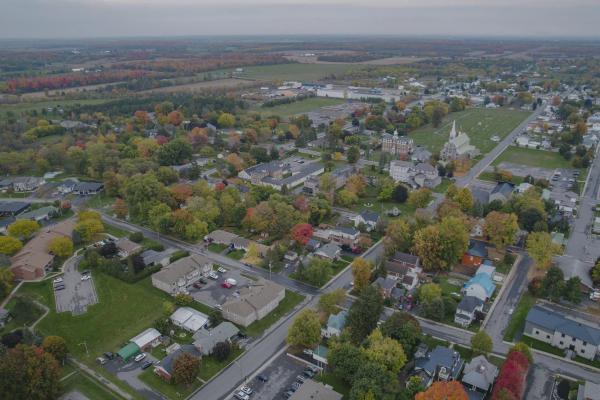 Drone shot of town during the Fall