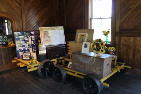 There are many displays and artifacts inside the Judy Neville British Home Child Museum at Aultsville Station. These include trunks such as the three seen in this display which contained all the possessions of these children as they travelled to their new home in this country.